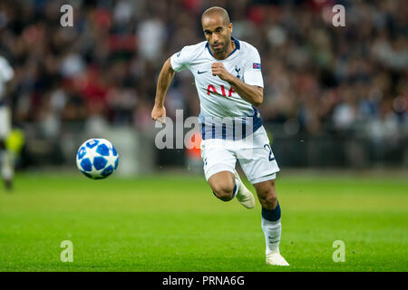 Wembley Stadion, London, UK. 3. Okt 2018. Lucas von Tottenham Hotspur während der UEFA Champions League Match zwischen den Tottenham Hotspur und Barcelona im Wembley Stadion, London, England am 3. Oktober 2018. Nur die redaktionelle Nutzung, eine Lizenz für die gewerbliche Nutzung erforderlich. Keine Verwendung in Wetten, Spiele oder einer einzelnen Verein/Liga/player Publikationen. Credit: UK Sport Pics Ltd/Alamy leben Nachrichten Stockfoto