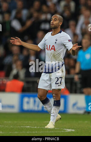 London, Großbritannien. 3. Oktober 2018, Wembley Stadion, London, England, UEFA Champions League, Tottenham v Barcelona; Lucas Moura (27) von Tottenham ist nicht glücklich mit den refs Entscheidung Credit: Mark Cosgrove/News Bilder Stockfoto