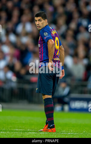 London, Großbritannien. 3. Oktober, 2018. Luis Suarez von Barcelona in der UEFA Champions League Match zwischen den Tottenham Hotspur und Barcelona im Wembley Stadion, London, England am 3. Oktober 2018. 3. Okt, 2018. Quelle: AFP 7/ZUMA Draht/Alamy Live News Credit: ZUMA Press, Inc./Alamy leben Nachrichten Stockfoto
