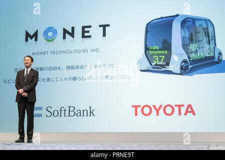 Tokio, Japan. 4. Oktober 2018. SoftBank Group Corp Representative Director und CTO Junichi Miyakawa spricht während einer gemeinsamen Pressekonferenz mit Toyota Motor Corp. am 4. Oktober 2018, Tokio, Japan. SoftBank und Toyota kündigte eine Partnerschaft bei der Entwicklung von selbst-Auto Technologien, die Bildung einer neuen Venture namens Monet. Credit: Rodrigo Reyes Marin/LBA/Alamy leben Nachrichten Stockfoto