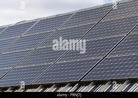 Eine große Reihe von Solarzellen auf einem Dach an einem sonnigen Tag Stockfoto