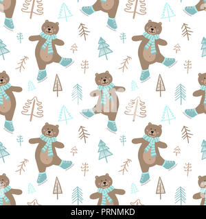 Nahtlose Muster für das Neue Jahr. Vektor handgezeichnete Abbildung: fröhliche Bär auf Schlittschuhen in einem Schal und Weihnachtsbaum. Stockfoto