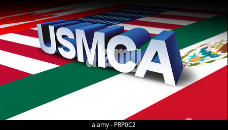 USMCA oder die neue NAFTA USA Mexiko Kanada abkommen Symbol mit Nordamerika Flaggen als Handelsabkommen Verhandlungen und wirtschaftlichen Abkommen. Stockfoto