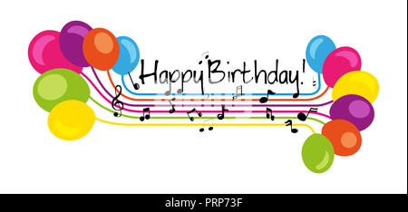 Hand gezeichnet Anmelden Happy Birthday in der Musik Stil auf weißem Hintergrund. Stockfoto