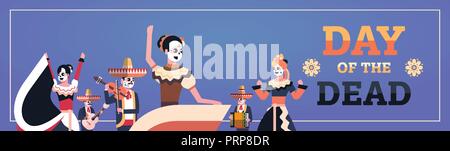 Tag der Toten traditionelle mexikanische halloween Dia de los Muertos Holiday Party Dekoration Mann Frau tragen Skelett Masken tanzen horizontale Einladung Grußkarte Flachbild portrait Stock Vektor