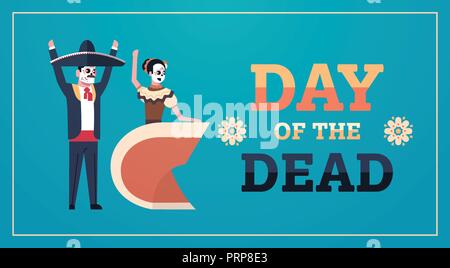 Tag der Toten traditionelle mexikanische halloween Dia de los Muertos Holiday Party paar Mann Frau tragen Skelett Masken feiern Konzept horizontale Einladung Grußkarte Flachbild in voller Länge Stock Vektor