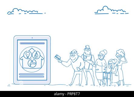 Gruppe älterer Menschen mobile Anwendung online kommunale Zahlungen moderne Rentner Kreditkarte bezahlen Konzept Skizze doodle Hand gezeichnet horizontal Stock Vektor