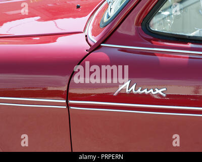 Vintage Hillman Minx auf Anzeige in der 8. Republik Griechenland Bulgarische LEKAM Classic Car Rally am Acharavi Park Hotel, Acharavi, Korfu, Griechenland Stockfoto