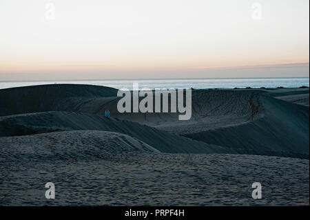 Sonnenaufgang in den Dünen von Maspalomas - Einzigartige wilden Ort auf den Kanarischen Inseln, in den frühen Morgenstunden, Stockfoto