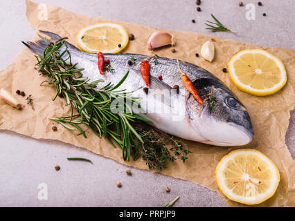 Frische dorado Fisch. Dorado und Zutaten zum Kochen - Rosmarin, Gewürze, Zitrone, Knoblauch, Thymian, Kräuter. Kochen Konzept. Auf hellen Stein Hintergrund. Stockfoto