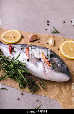 Frische dorado Fisch. Dorado und Zutaten zum Kochen - Rosmarin, Gewürze, Zitrone, Knoblauch, Thymian, Kräuter. Kochen Konzept. Auf hellen Stein Hintergrund. Stockfoto