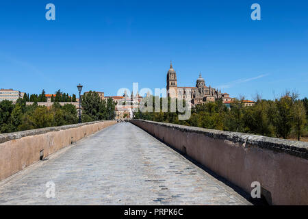 Anzeigen Salamanca Alte und Neue Kathedrale aus der römischen Brücke, Gemeinschaft Kastilien und León, Spanien. Von der UNESCO zum Weltkulturerbe erklärte im Jahr 1988 Stockfoto