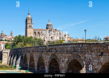 Anzeigen von Salamanca Alte und Neue Kathedrale aus der römischen Brücke, Gemeinschaft Kastilien und LeÃ³n, Spanien. Von der UNESCO zum Weltkulturerbe erklärte im Jahr 1988 Stockfoto