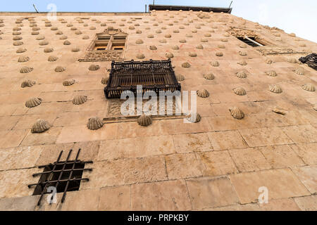 Detail der Fassade der Casa de las Conchas mit Balkon in Salamanca, Spanien, in überbackene Muscheln bedeckt, Gemeinschaft Kastilien und LeÃ³n, Spanien. Erklären Stockfoto