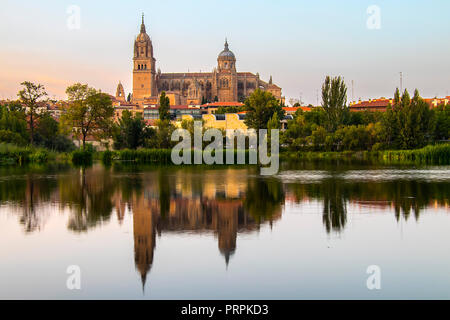 Salamanca Alte und Neue cathedrales spiegelt sich auf Fluss Tormes bei Sonnenuntergang, Spanien Stockfoto