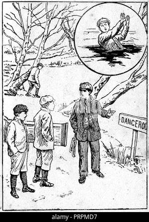 Anfang 1900 der Illustration von Ernest Caulder im Alter zwischen 8 und Bruder Alfred vor ihrem Tod durch Ertrinken, trotz der Bemühungen von lokalmatador Daniel Pusey, die hier gesehen, wie sie vor den Gefahren warnt vor dem Vorfall bei Burnham Beeches, Dollars ist Stockfoto