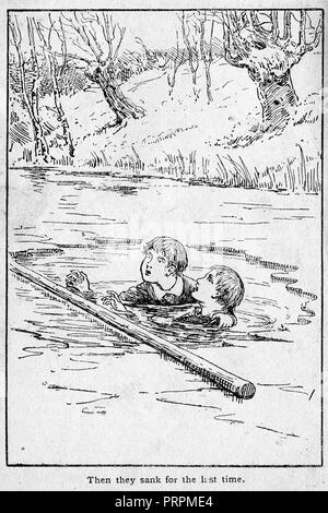 Anfang 1900 der Illustration von Ernest Caulder im Alter zwischen 8 und Bruder Alfred vor ihrem Tod durch Ertrinken in einem Eisbedeckten Teich bei Burnham Beeches, Bucks, trotz der Bemühungen von lokalmatador Daniel Pusey Stockfoto