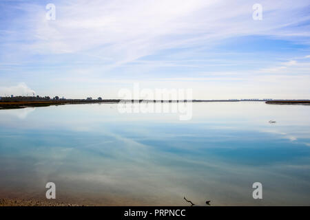 Die schöne Landschaft der Vogelwarte mit Wasser Reflexionen im Naturschutzgebiet namens 'Marismas del Odiel" in Huelva, Andalusien, Spanien. Stockfoto