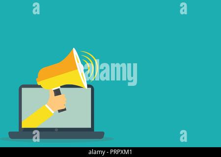 Flaches Design business Vector Illustration Konzept leere Raum modernen abstrakten Hintergrund geometrische Element. Die menschliche Hand aus PC-Monitor Ho Stock Vektor