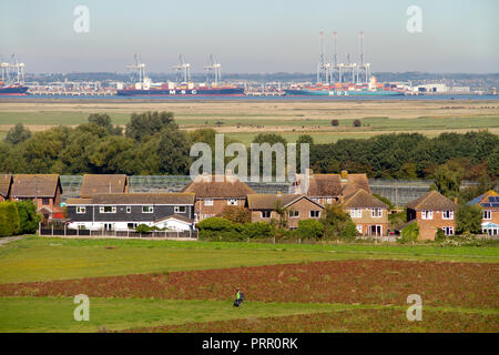 Das Dorf der Kühlung auf der Isle of Grain mit Mündung der Themse und London Gateway Deep-sea Container Terminal im Hintergrund. Stockfoto