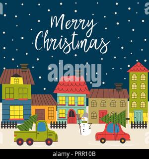 Weihnachtskarte mit Stadt im Winter zeit-Vector Illustration, eps Stock Vektor