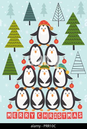 Karte mit Weihnachtsbaum der Pinguine - Vector Illustration, eps Stock Vektor