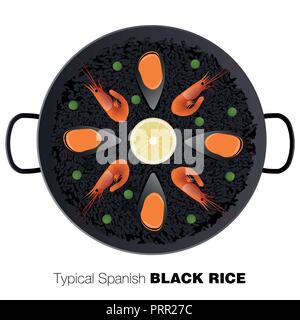 Typische schwarze Spanische Reis. Traditionelle Paella mit Reis und Tintenfisch. Vector Illustration Stock Vektor