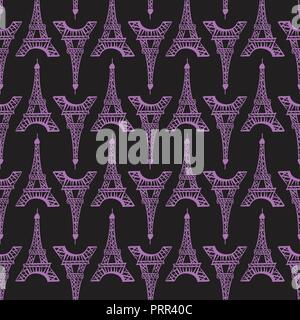 Nahtlose Muster. Modernes, helles Design print Fabric. Abbildung lila Tinte Eiffelturm. Abstraktes ornament Hand zeichnen. Vector Illustration ist auf eine dunkle Masse isoliert. Stock Vektor