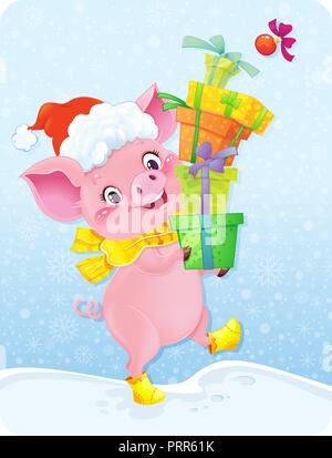 Cute Symbol der chinesischen Horoskop - Gelb erdigen Schwein mit Geschenkboxen Stock Vektor
