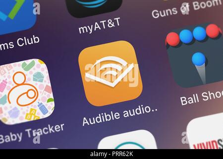 London, Vereinigtes Königreich - Oktober 03, 2018: Bildschirmfoto von Audible, Inc. mobile App Audible Hörbücher Podcasts. Stockfoto