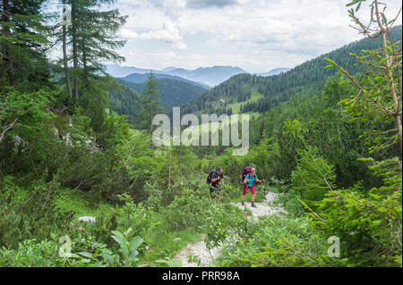 Wanderer auf dem Weg über Konjščica auf dem Weg zum Berg Triglav im Triglav National Park, die Julischen Alpen, Slowenien. Stockfoto