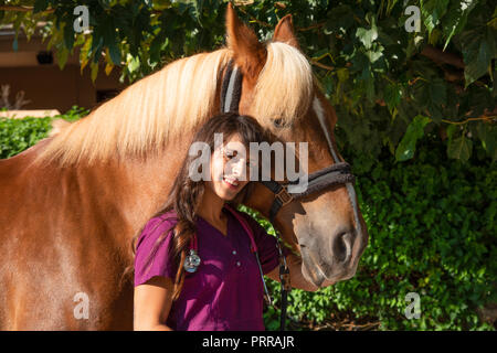 Lächelnde junge weibliche Tierarzt Arzt Porträt mit braunen Pferd outdoor. Equestrian healthcare medizinische Konzept. Stockfoto