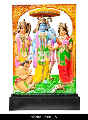 Kleine separate Ram Darbar Skulptur, einem hinduistischen religiösen Artefakt mit Sri Ram, Sita, Lakshman und Hanuman, der Affengott. Aus dem Epos Ramayana. Stockfoto