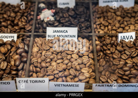 UK, London, Soho, algerische Coffee Company - Jamaika Bluen Montain und andere Vielzahl von Kaffeebohnen auf Anzeige-selektiven Fokus Stockfoto