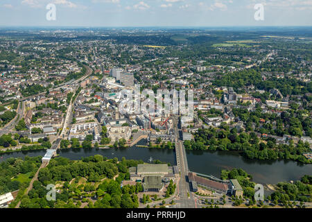 Mülheimer Innenstadt mit Blick auf Ruhrbania und Ruhrpromenade, Ruhr und Rathaus, StadtQuartiers Schlossstraße, SQS Stockfoto