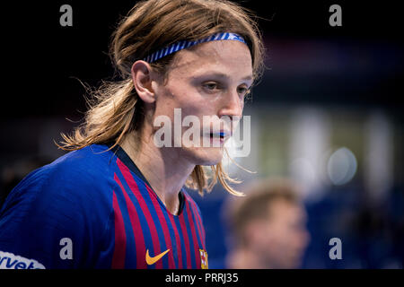 2. Oktober 2018, Palau Blaugrana, Barcelona, Spanien; Liga ASOBAL Handball; FC Barcelona Lassa versus CB Cangas; Jure Dolenec des FC Barcelona. Stockfoto