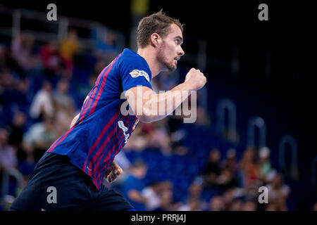 2. Oktober 2018, Palau Blaugrana, Barcelona, Spanien; Liga ASOBAL Handball; FC Barcelona Lassa versus CB Cangas; Casper Mortensen des FC Barcelona Cele Stockfoto