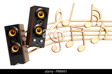 Musikalische Konzept. Lautsprecher mit Noten, 3D-Rendering auf weißem Hintergrund Stockfoto