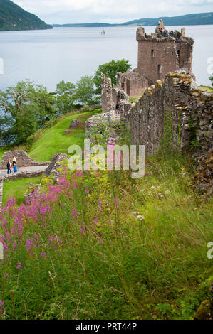 Touristen, die in der historischen Ruinen von Urquhart Castle mit Blick auf Loch Ness, Schottland Stockfoto