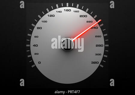 Eine sportive Tacho mit einer orange leuchtende Zeiger zeigt auf eine hohe Geschwindigkeit an einem isolierten schwarzen Hintergrund - 3D-Rendering Stockfoto