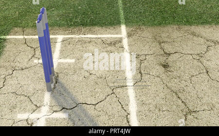 Eine Reihe von Blue cricket Wickets, die auf eine gerissene Rasenplatz Hintergrund - 3D-Rendering Stockfoto