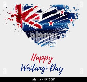 Happy Waitangi Day - Neuseeland Urlaub. Abstrakt gemalt grunge Flagge Neuseeland in Herzform. Für Urlaub Hintergrund, Poster, Banner, Template, Stock Vektor