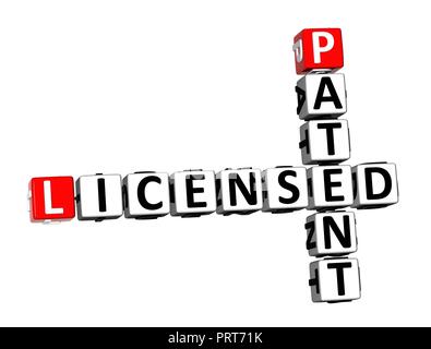 3D-Rendering Kreuzworträtsel lizenzierte Patent Wort Über weißen Hintergrund. Stockfoto