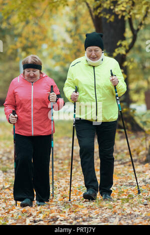 Reife Frauen gehen in einem Herbst Park während einer skandinavischen entfernt. Fallen Stockfoto