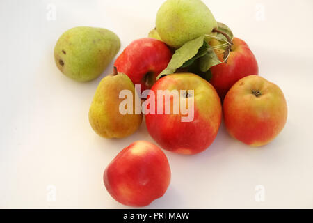 Rote Äpfel und Birnen auf weißem Hintergrund. Stockfoto