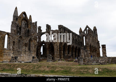 Whitby Abbey ist ein zerstörtes Benediktiner-Abtei mit Blick auf die Nordsee am East Cliff über Whitby in North Yorkshire, England. Stockfoto