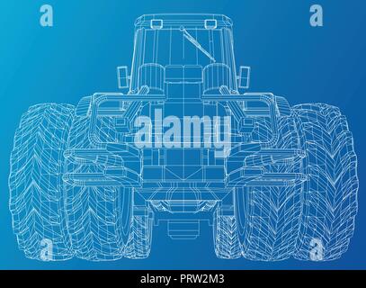 Vektor Traktor. Vorderansicht. Wire-frame tracing Abbildung der 3d. EPS 10 Vector Format. Stock Vektor