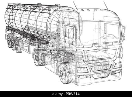 Skizze eines Lkw, die mit einem Tank mit Vektor. Erstellt Abbildung der 3d. Wire-Frame Stock Vektor