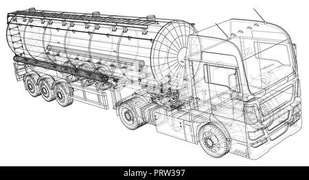 Benzin, Öl tanker Trailer, LKW auf der Autobahn. Sehr schnell fahren. Erstellt Abbildung der 3d. Wire-Frame Stock Vektor