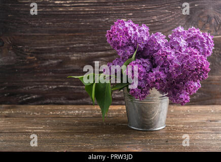 Blumenstrauß aus Lila lila Blüten in kleinen dekorativen Dose Eimer. Dunkel Braun Holz- Hintergrund. Feder romantische Blumen Dekoration. Stockfoto